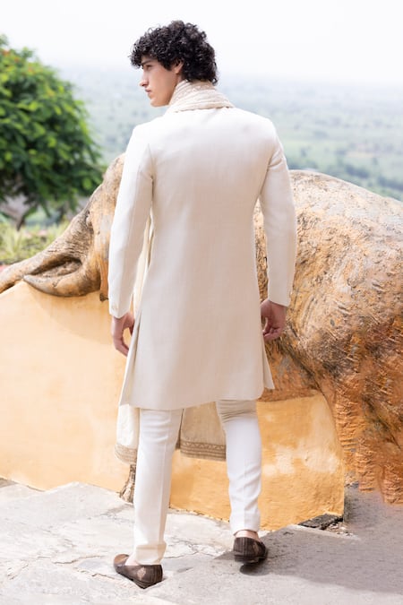Shop Amit Arora Cream Polyester, Cotton, Linen Embroidery Solid Sherwani Set With Lakhnawi Stole at Aza Fashions Shop_Amit Arora_Cream Polyester, Cotton, Linen Embroidery Solid Sherwani Set With Lakhnawi Stole _at_Aza_Fashions