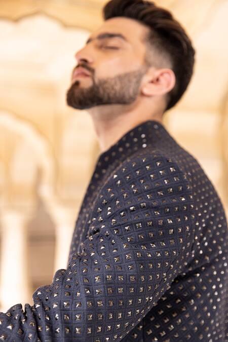 Shop Amit Arora Blue Jacquard, Modal, Cotton Studs Embellished Bandhgala With Kurta Set Online at Aza Fashions Shop_Amit Arora_Blue Jacquard, Modal, Cotton Studs Embellished Bandhgala With Kurta Set _Online_at_Aza_Fashions