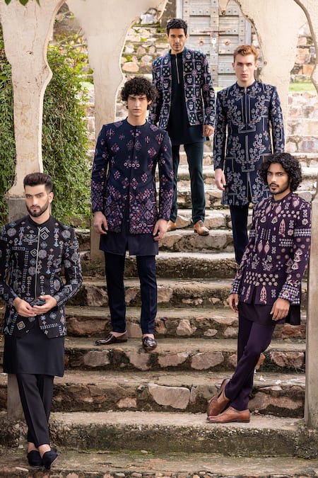 Amit Arora_Wine Polyester Embroidery Thread Bandhgala With Kurta Set _Online_at_Aza_Fashions