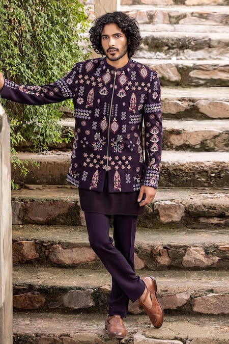 Buy_Amit Arora_Wine Polyester Embroidery Thread Bandhgala With Kurta Set _Online_at_Aza_Fashions