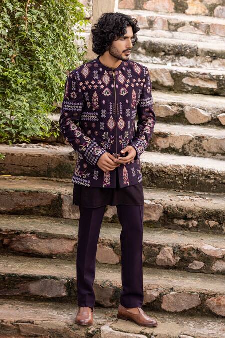 Shop_Amit Arora_Wine Polyester Embroidery Thread Bandhgala With Kurta Set _Online_at_Aza_Fashions