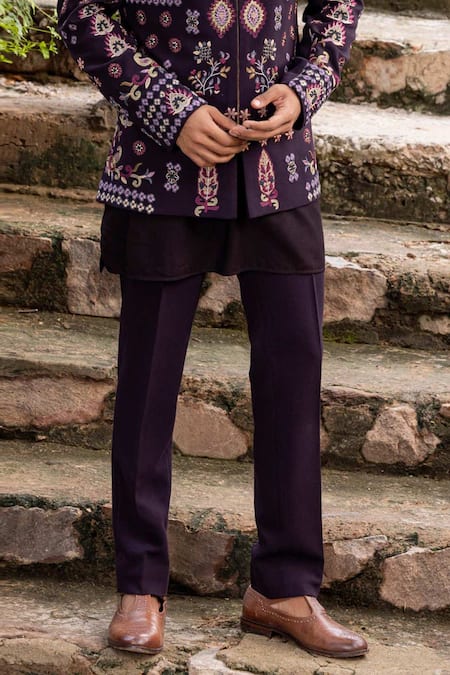 Amit Arora_Wine Polyester Embroidery Thread Bandhgala With Kurta Set _at_Aza_Fashions