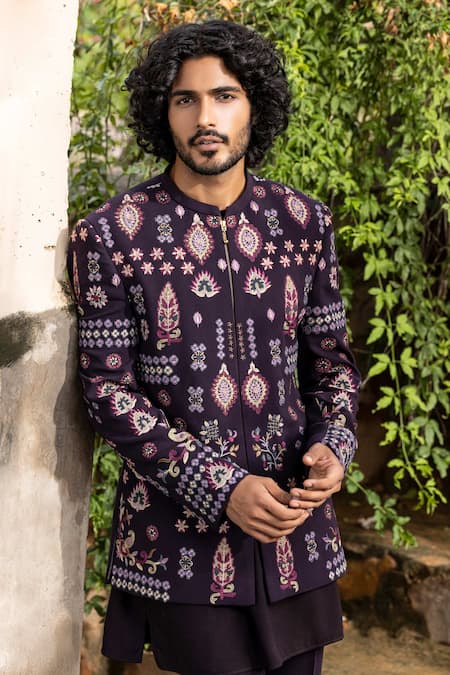 Shop_Amit Arora_Wine Polyester Embroidery Thread Bandhgala With Kurta Set 