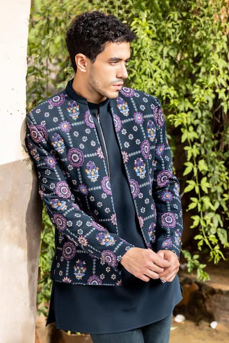 Shop_Amit Arora_Green Polyester Embroidery Thread Bandhgala And Kurta Set 