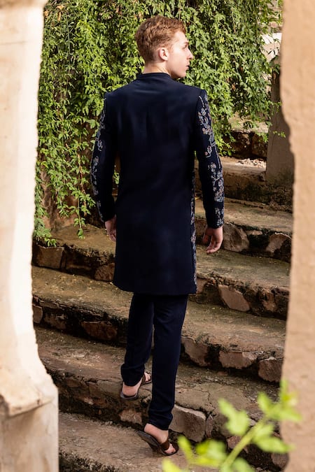 Shop Amit Arora Blue Polyester Embroidery Thread Bandhgala With Pant at Aza Fashions Shop_Amit Arora_Blue Polyester Embroidery Thread Bandhgala With Pant _at_Aza_Fashions