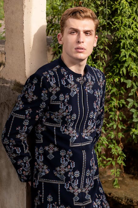 Buy Amit Arora Blue Polyester Embroidery Thread Bandhgala With Pant Online at Aza Fashions Buy_Amit Arora_Blue Polyester Embroidery Thread Bandhgala With Pant _Online_at_Aza_Fashions