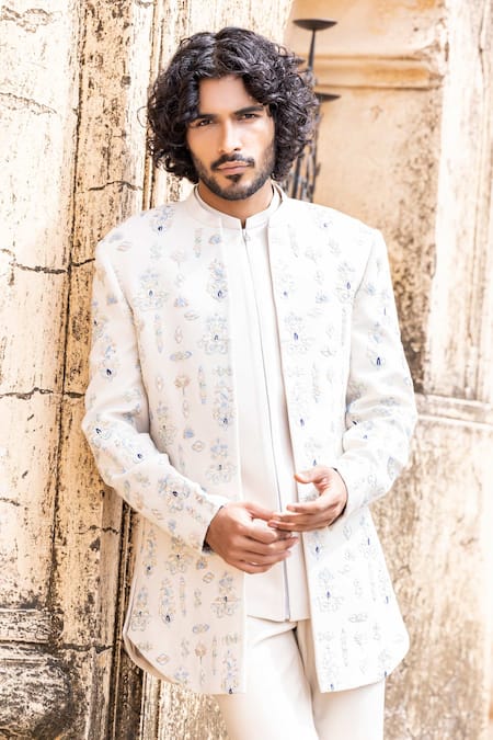 Shop Amit Arora Cream Polyester Embroidery Thread Hand Bandhgala With Waistcoat Set Online at Aza Fashions Shop_Amit Arora_Cream Polyester Embroidery Thread Hand Bandhgala With Waistcoat Set _Online_at_Aza_Fashions