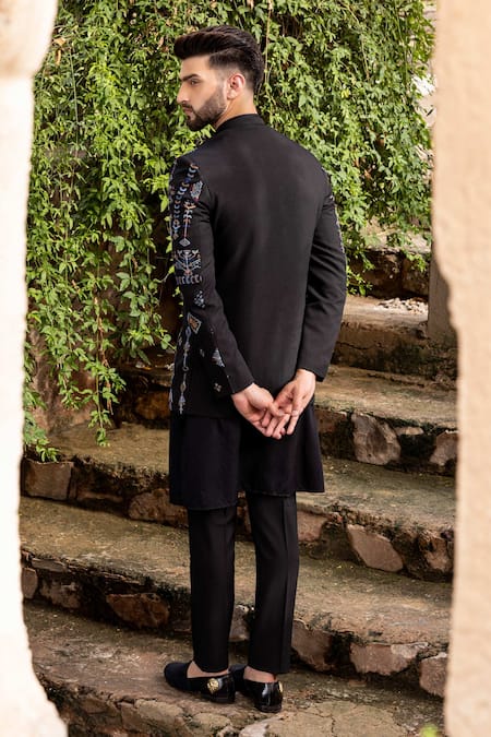 Shop Amit Arora Black Polyester Embroidery Hand Bandhgala With Kurta Set at Aza Fashions Shop_Amit Arora_Black Polyester Embroidery Hand Bandhgala With Kurta Set _at_Aza_Fashions