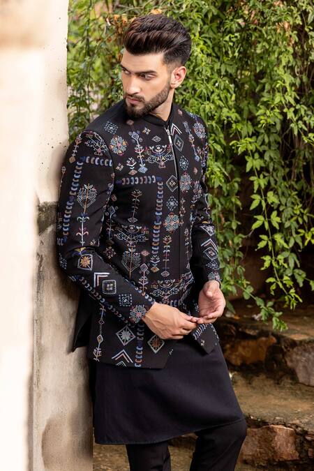 Shop Amit Arora Black Polyester Embroidery Hand Bandhgala With Kurta Set Online at Aza Fashions Shop_Amit Arora_Black Polyester Embroidery Hand Bandhgala With Kurta Set _Online_at_Aza_Fashions
