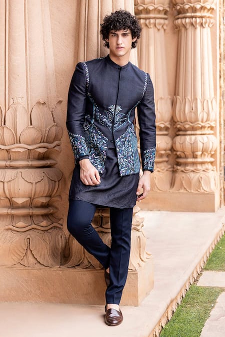 AMIT ARORA Blue Jacket And Kurta Silk Hand Botanical Pattern Bandhgala With Set 