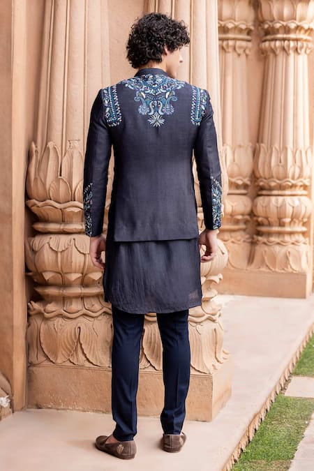 Shop Amit Arora Blue Silk, Cotton Embroidery Botanical Pattern Hand Bandhgala With Kurta Set at Aza Fashions Shop_Amit Arora_Blue Silk, Cotton Embroidery Botanical Pattern Hand Bandhgala With Kurta Set _at_Aza_Fashions