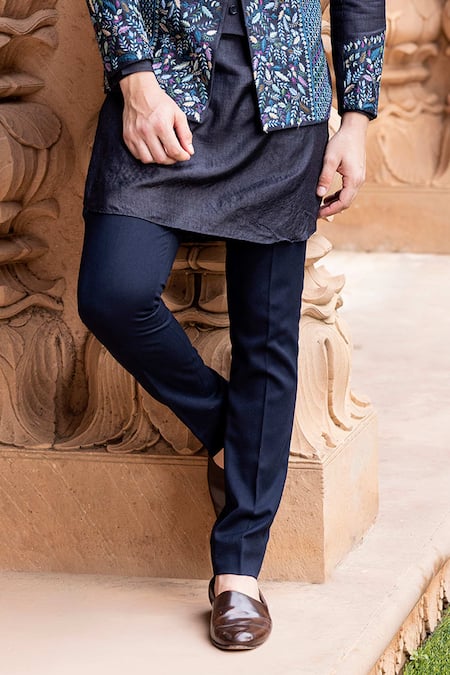 Amit Arora Blue Silk, Cotton Embroidery Botanical Pattern Hand Bandhgala With Kurta Set Online at Aza Fashions Amit Arora_Blue Silk, Cotton Embroidery Botanical Pattern Hand Bandhgala With Kurta Set _Online_at_Aza_Fashions