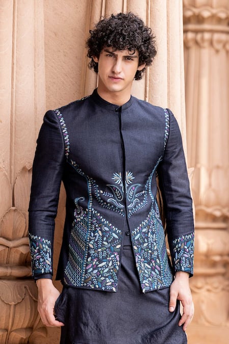 Buy Amit Arora Blue Silk, Cotton Embroidery Botanical Pattern Hand Bandhgala With Kurta Set Online at Aza Fashions Buy_Amit Arora_Blue Silk, Cotton Embroidery Botanical Pattern Hand Bandhgala With Kurta Set _Online_at_Aza_Fashions