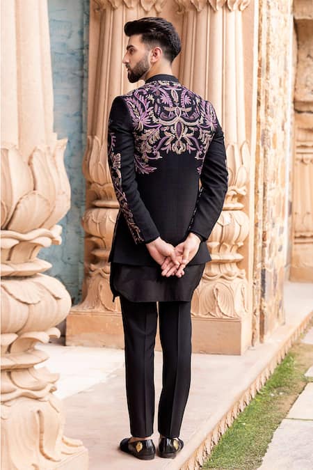 Shop Amit Arora Black Silk, Cotton Embroidery Kashmiri Hand Bandhgala With Kurta Set at Aza Fashions Shop_Amit Arora_Black Silk, Cotton Embroidery Kashmiri Hand Bandhgala With Kurta Set _at_Aza_Fashions
