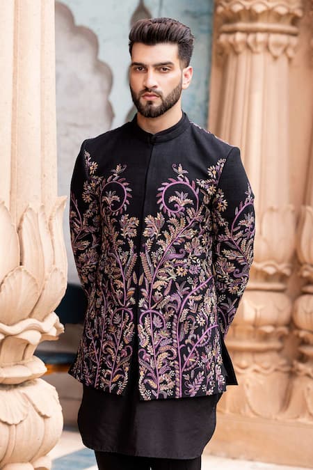 Buy Amit Arora Black Silk, Cotton Embroidery Kashmiri Hand Bandhgala With Kurta Set Online at Aza Fashions Buy_Amit Arora_Black Silk, Cotton Embroidery Kashmiri Hand Bandhgala With Kurta Set _Online_at_Aza_Fashions