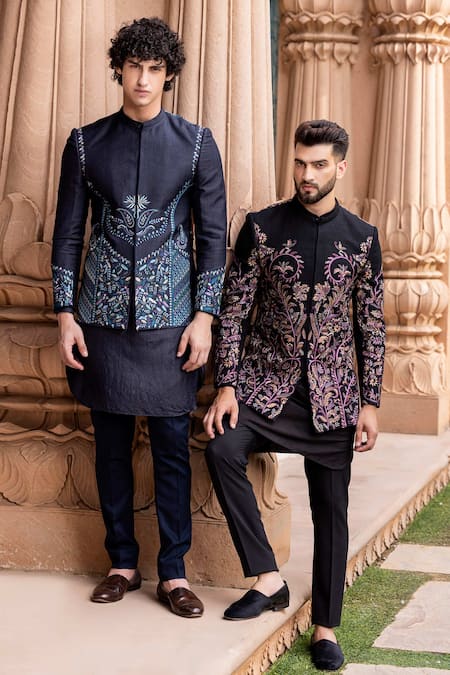 Shop Amit Arora Black Silk, Cotton Embroidery Kashmiri Hand Bandhgala With Kurta Set Online at Aza Fashions Shop_Amit Arora_Black Silk, Cotton Embroidery Kashmiri Hand Bandhgala With Kurta Set _Online_at_Aza_Fashions