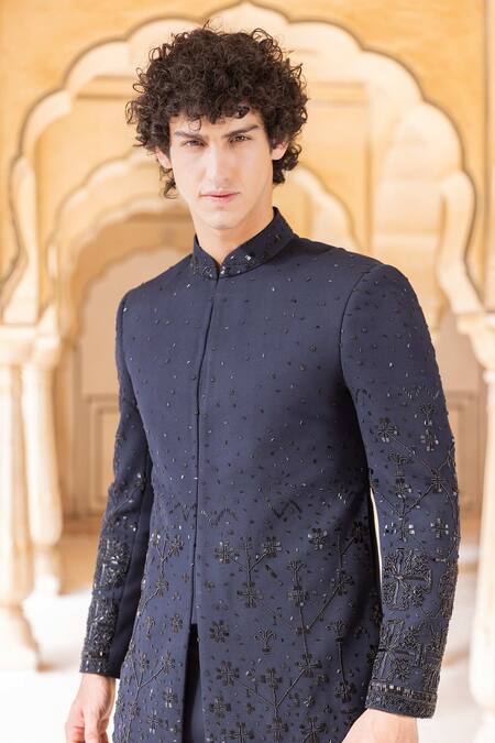 Shop Amit Arora Blue Polyester Cut Work Cutdana Hand Embroidered Bandhgala With Pant Online at Aza Fashions Shop_Amit Arora_Blue Polyester Cut Work Cutdana Hand Embroidered Bandhgala With Pant _Online_at_Aza_Fashions