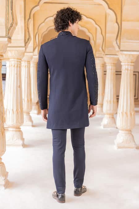 Shop Amit Arora Blue Polyester Cut Work Cutdana Hand Embroidered Bandhgala With Pant at Aza Fashions Shop_Amit Arora_Blue Polyester Cut Work Cutdana Hand Embroidered Bandhgala With Pant _at_Aza_Fashions