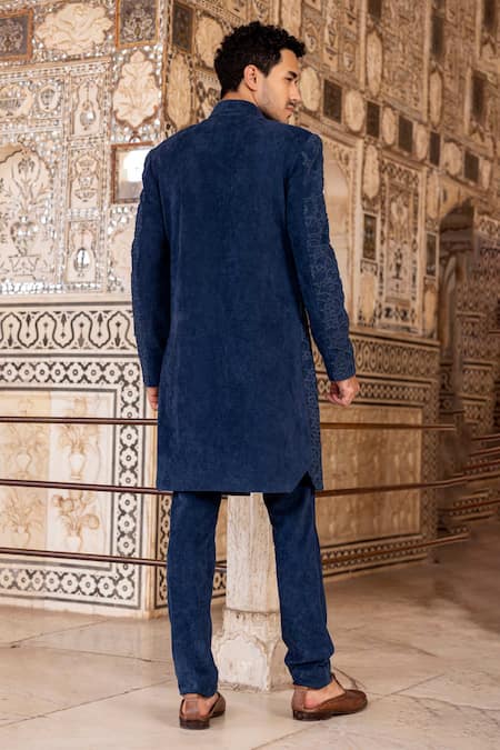 Shop Amit Arora Blue Corduroy Beads, Embroidery Hand Bandhgala With Pant at Aza Fashions Shop_Amit Arora_Blue Corduroy Beads, Embroidery Hand Bandhgala With Pant _at_Aza_Fashions