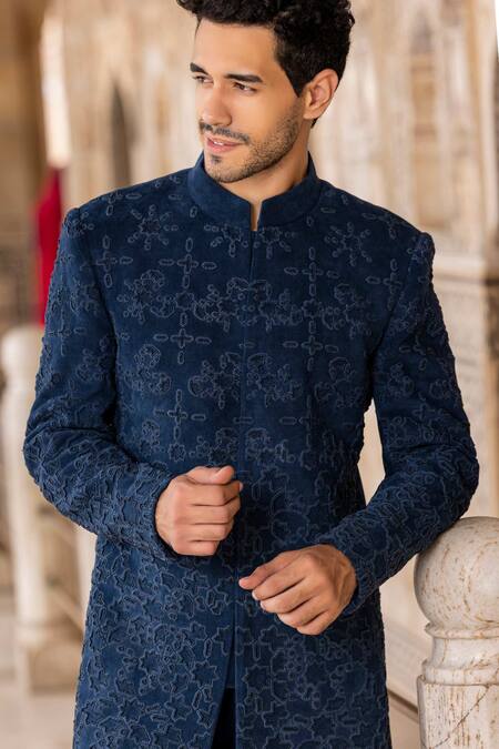 Buy Amit Arora Blue Corduroy Beads, Embroidery Hand Bandhgala With Pant Online at Aza Fashions Buy_Amit Arora_Blue Corduroy Beads, Embroidery Hand Bandhgala With Pant _Online_at_Aza_Fashions