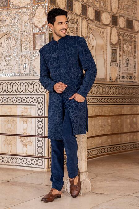 Amit Arora Blue Corduroy Beads, Embroidery Hand Bandhgala With Pant at Aza Fashions Amit Arora_Blue Corduroy Beads, Embroidery Hand Bandhgala With Pant _at_Aza_Fashions
