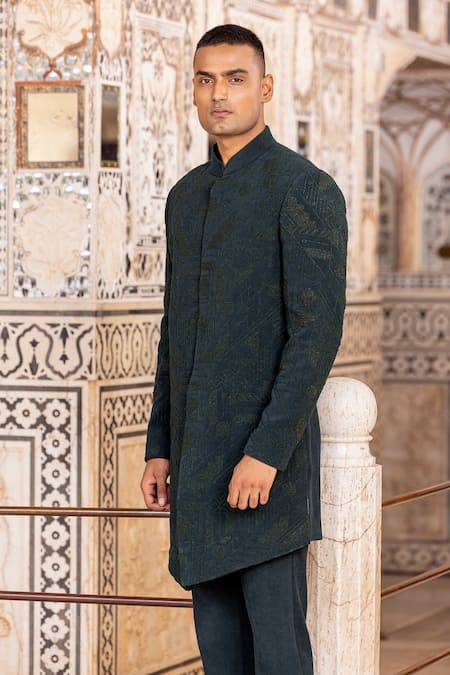 Amit Arora_Green Corduroy Beads Hand Embroidered Bandhgala And Pant Set_Online_at_Aza_Fashions