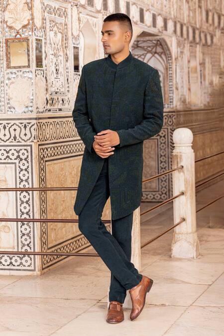 Buy_Amit Arora_Green Corduroy Beads Hand Embroidered Bandhgala And Pant Set_Online_at_Aza_Fashions