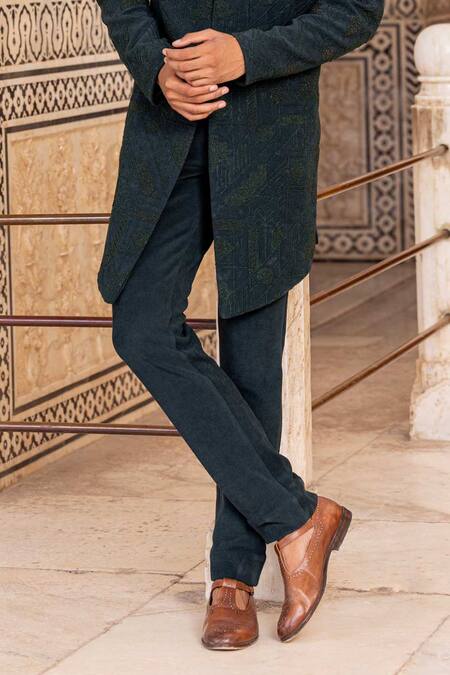 Shop_Amit Arora_Green Corduroy Beads Hand Embroidered Bandhgala And Pant Set_Online_at_Aza_Fashions