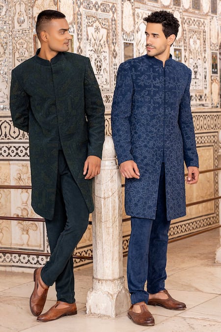 Amit Arora_Green Corduroy Beads Hand Embroidered Bandhgala And Pant Set_at_Aza_Fashions