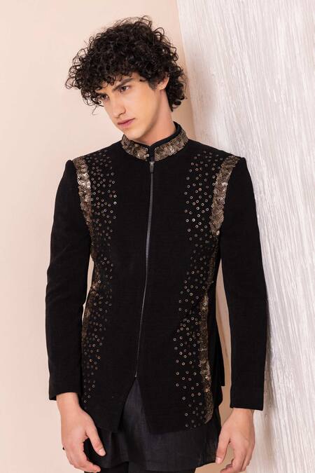 Amit Arora_Black Modal, Polyester Sequins Hand Embroidered Jodhpuri Pant Set _Online_at_Aza_Fashions