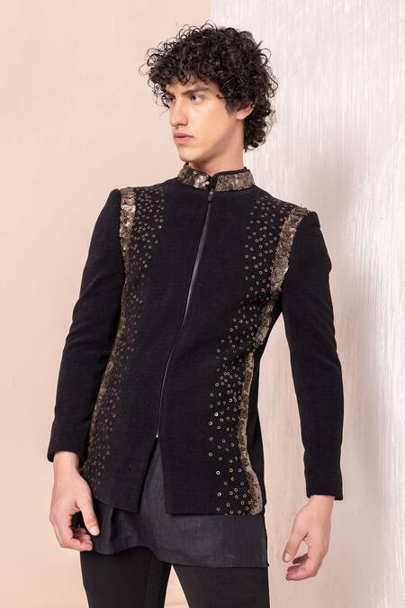 Shop_Amit Arora_Black Modal, Polyester Sequins Hand Embroidered Jodhpuri Pant Set _Online_at_Aza_Fashions