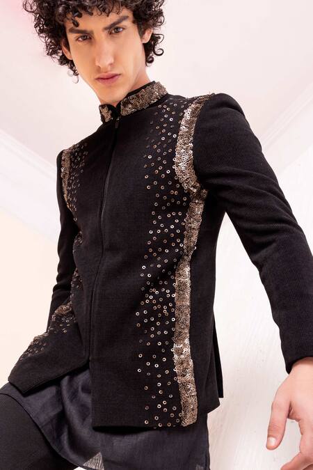 Amit Arora_Black Modal, Polyester Sequins Hand Embroidered Jodhpuri Pant Set _at_Aza_Fashions