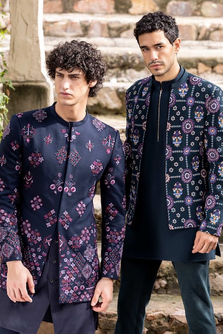 Amit Arora_Blue Modal, Polyester Beads Hand Embroidered Bandhgala Pant Set _Online_at_Aza_Fashions