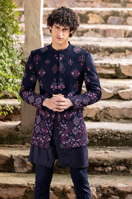 Shop_Amit Arora_Blue Modal, Polyester Beads Hand Embroidered Bandhgala Pant Set _Online_at_Aza_Fashions