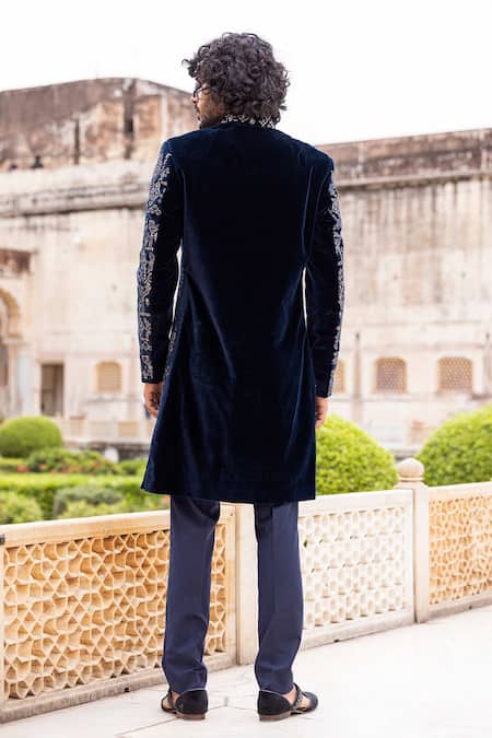 Shop_Amit Arora_Blue Velvet, Cotton Embroidery Hand Bandhgala With Pant _at_Aza_Fashions