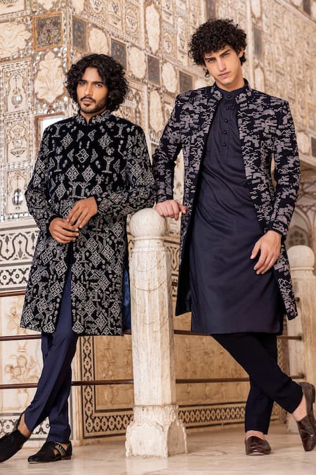 Amit Arora_Blue Velvet, Cotton Embroidery Hand Bandhgala With Pant _Online_at_Aza_Fashions