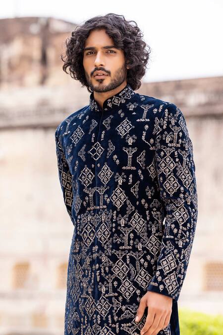 Shop_Amit Arora_Blue Velvet, Cotton Embroidery Hand Bandhgala With Pant _Online_at_Aza_Fashions