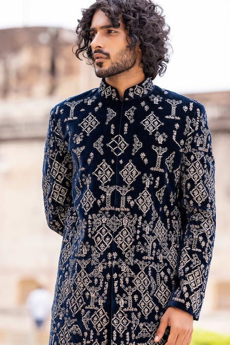 Amit Arora_Blue Velvet, Cotton Embroidery Hand Bandhgala With Pant _at_Aza_Fashions