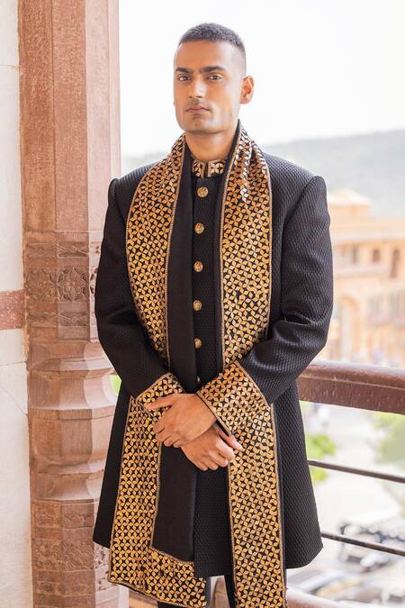 Buy_Amit Arora_Black Cotton, Pashmina Sequins, Beads Hand Embroidered Bandhgala Set With Stole _Online_at_Aza_Fashions