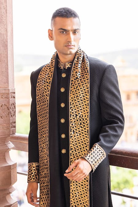 Shop_Amit Arora_Black Cotton, Pashmina Sequins, Beads Hand Embroidered Bandhgala Set With Stole _Online_at_Aza_Fashions