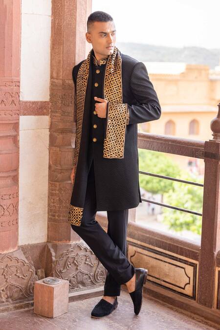 Shop_Amit Arora_Black Cotton, Pashmina Sequins, Beads Hand Embroidered Bandhgala Set With Stole _at_Aza_Fashions