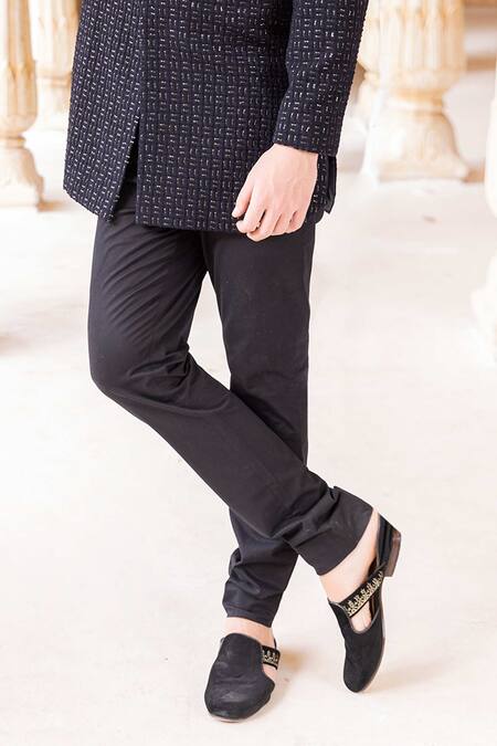 Buy_Amit Arora_Blue Jacquard, Cotton Metallic Thread Hand Embroidered Bandhgala With Pant _Online_at_Aza_Fashions