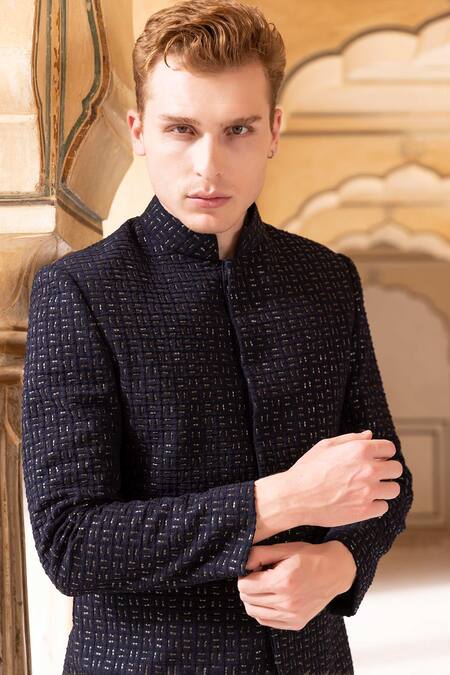 Shop_Amit Arora_Blue Jacquard, Cotton Metallic Thread Hand Embroidered Bandhgala With Pant _Online_at_Aza_Fashions