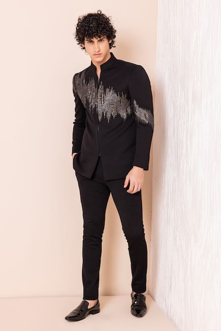 Shop_Amit Arora_Black Jersey, Kota Doria Metallic Thread Hand Embroidered Jodhpuri With Pant _at_Aza_Fashions