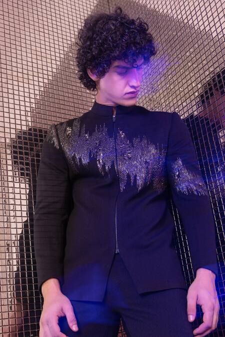 Amit Arora_Black Jersey, Kota Doria Metallic Thread Hand Embroidered Jodhpuri With Pant _Online_at_Aza_Fashions