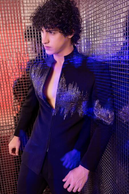 Buy_Amit Arora_Black Jersey, Kota Doria Metallic Thread Hand Embroidered Jodhpuri With Pant _Online_at_Aza_Fashions