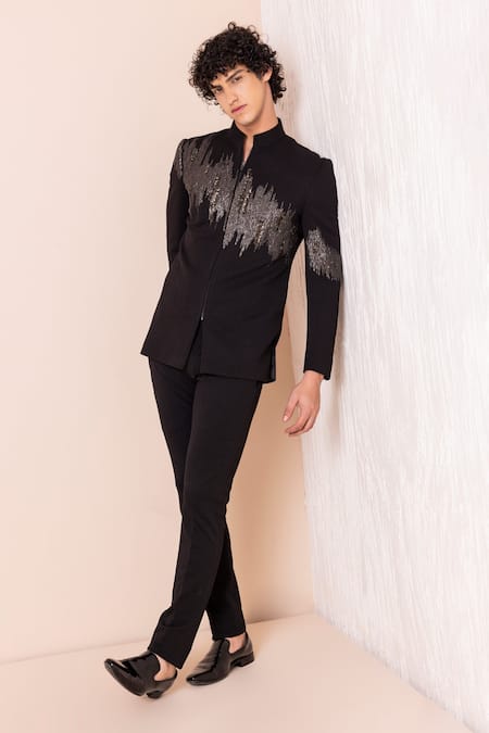 Amit Arora_Black Jersey, Kota Doria Metallic Thread Hand Embroidered Jodhpuri With Pant _at_Aza_Fashions