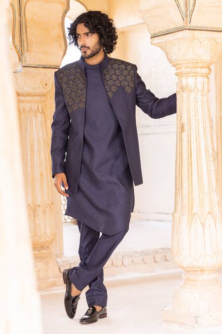 Buy_Amit Arora_Blue Silk, Jacquard Sequins Hand Embroidered Bandhgala Pant Set _Online_at_Aza_Fashions