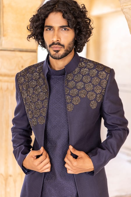 Shop_Amit Arora_Blue Silk, Jacquard Sequins Hand Embroidered Bandhgala Pant Set _Online_at_Aza_Fashions