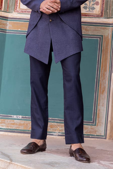 Amit Arora_Blue Corduroy, Cotton Embroidery, Metallic Hand Bandhgala Long Waistcoat Set _Online_at_Aza_Fashions